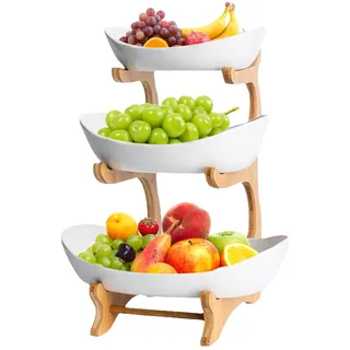 LAUFUY Etagere 3 Etagen mit Obstschale, Mehrstöckiger Obstkorb für Küche, Modern Obst Etagere Holz, Fruchtkuchen Ständer Ablagekorb Arbeitsplatte Dekoschalen für Desserts, Gemüse, Obst, Snacks (Weiß)