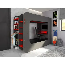 Hochbett mit Gaming-Schreibtisch & Stauraum + LEDs - 90 x 200 cm - Anthrazit & Rot - WARRIOR