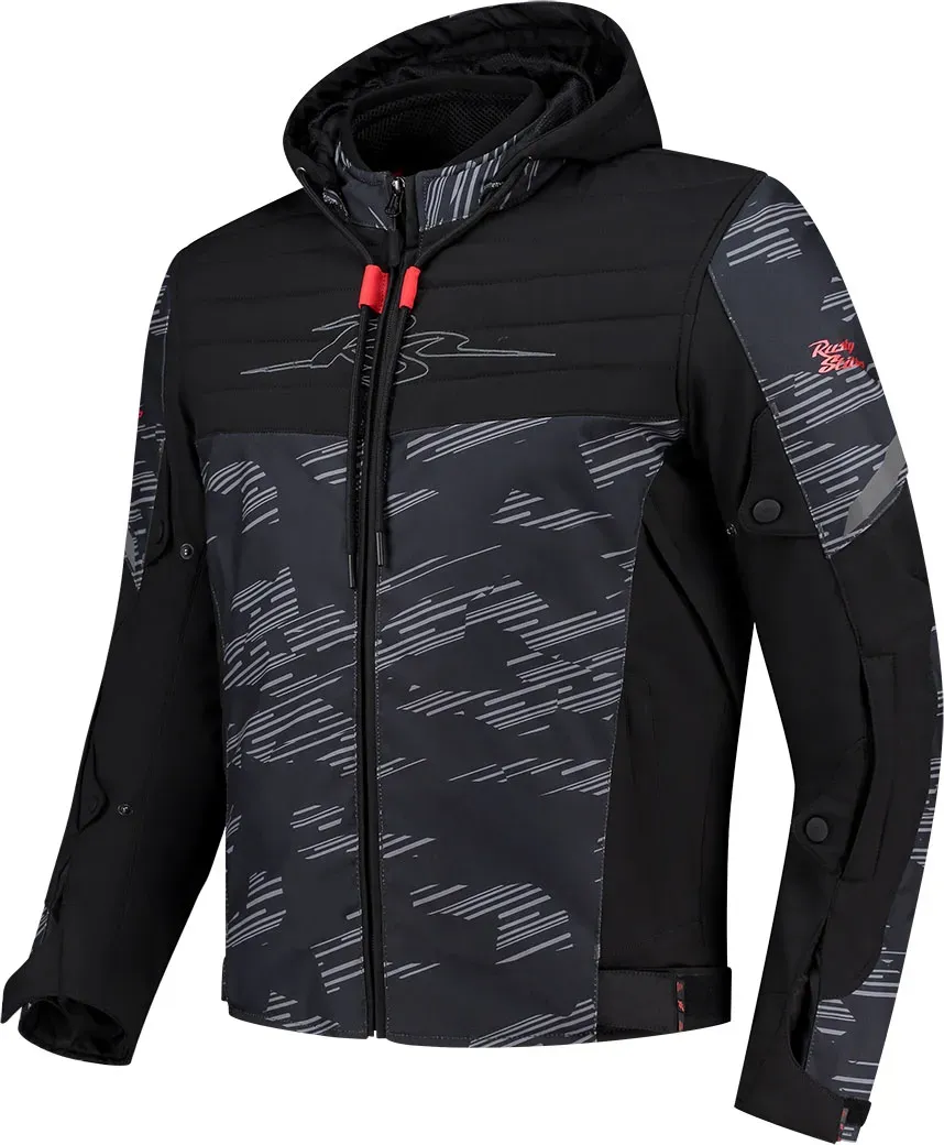 Rusty Stitches Liam Pixel, veste textile imperméable - Noir/Gris/Gris Foncé/Rouge - XL