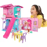 Barbie Chelsea Spielzeug-Puppenhaus mit über 15 Accessoires, das Pop-up-Haus erweitert Sich auf über 42 x 33 cm mit 5 Spielbereichen und Rutsche, mit Kleiner Puppe und Hund, JFW49