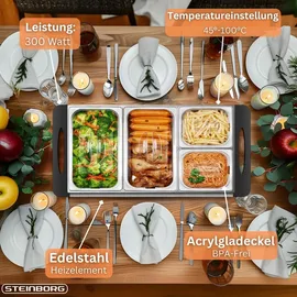 Steinborg Edelstahl Buffetwärmer Speisewärmer 4 Speisebehälter stufenlosen Temperaturregler BPA-frei 300 Watt