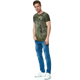 RUSTY NEAL T-Shirt RUSTY NEAL, Herren, Gr. S, grün (khaki), 100% Baumwolle, bedruckt, normal, Rundhals, Shirts T-Shirt, mit coolem Allover-Print