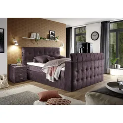 Boxspringbett "Richmond", lila (aubergine), B:203cm L:243cm, SET ONE BY MUSTERRING, Komplettbetten, Boxspringbett, versenkbarer TV- Halterung mit Fernbedienung