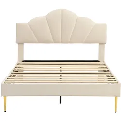 Merax Polsterbett, Samt Doppelbett mit höhenverstellbarem Muschel-Form-Kopfteil 140x190cm, beige