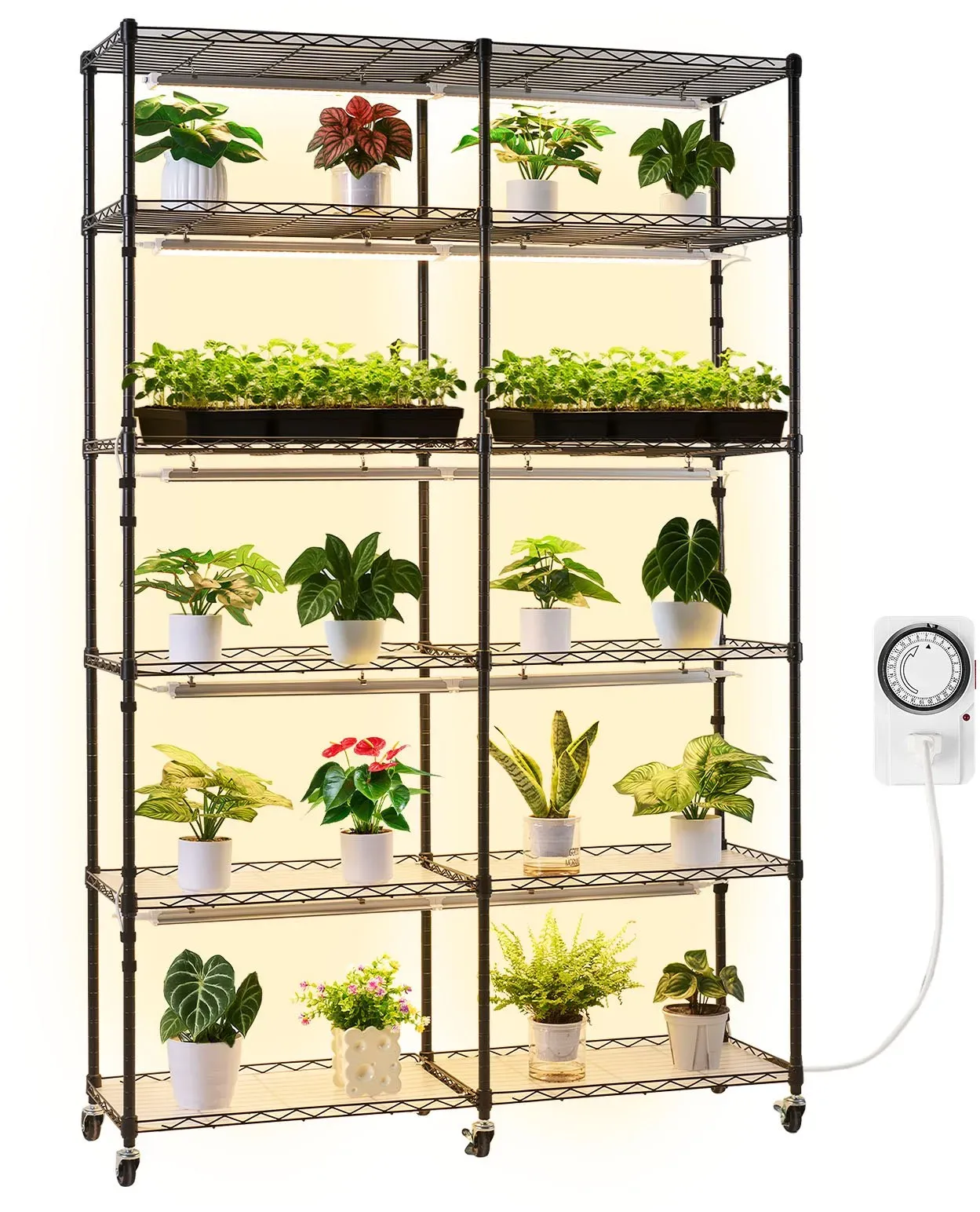 VEVOR Pflanzenregal mit Wachstumslicht, 6-stufiger doppelreihiger Pflanzenständer für Zimmerpflanzen mit Rädern & Timer, 200-W-Vollspektrum-Lichter, Blumenregal für Samenanzucht, 120x35x180cm