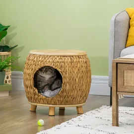 PawHut Katzenhöhle Rattan 2-in-1 Katzenkorb mit Kissen Haustierbett aus Wasserhyazinthengras und Paulownia Holz, hellbraun und grau, 44 x 43 x 42 cm Aosom.de