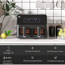 Homcom Dual Zone Heißluftfritteuse 8-in-1 8 L Airfryer 2 Kammern mit Sichtfenster, 2500W Heissluftfritteuse mit Innenbeleuchtung, Timer, 80-200°C, - Schwarz