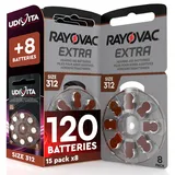 120 Hörgerätebatterien Rayovac Extra 312 mit Sound Fusion Technologie + 8 Udivita-Batterien - 15+1 x 8 Stück