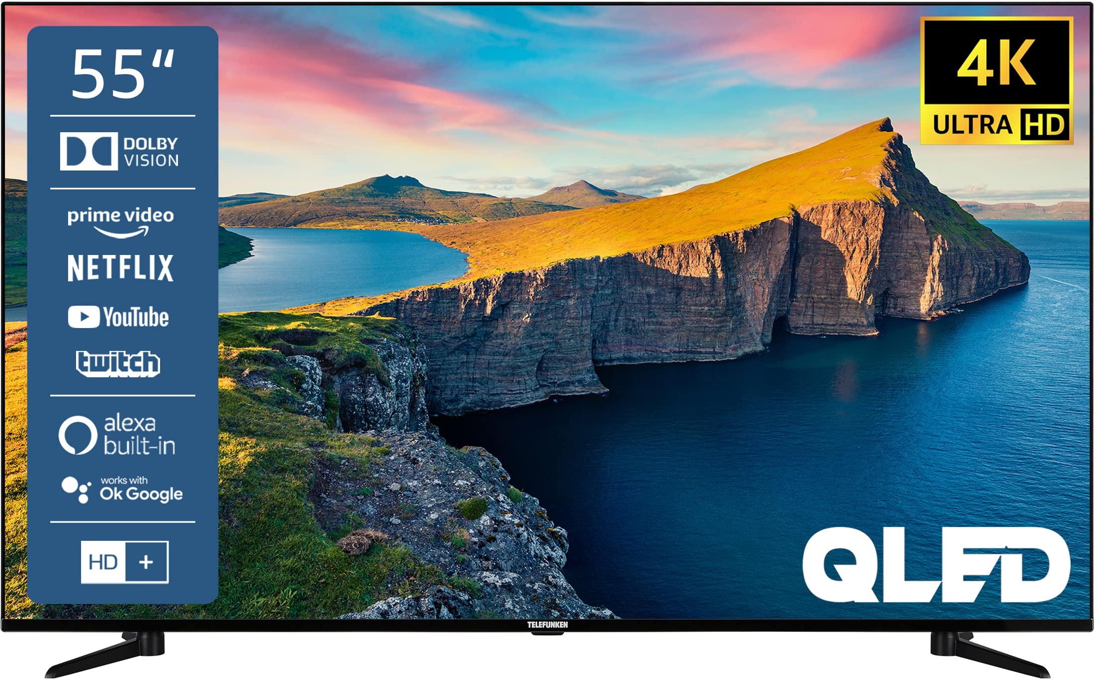 Telefunken QU55K800 55 Zoll QLED Fernseher/Smart TV (4K UHD, HDR Dolby Vision, Triple-Tuner, Bluetooth, WLAN, Netflix, uvm) - Inkl. 6 Monate HD+