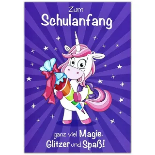 Perleberg - schöne Karte zum Schulanfang mit Einhorn Motiv - hochwertige Karten zur Einschulung - Einschulung Karten mit Umschlag - Glückwunschkarte für Jungen & Mädchen 11,6 x 16,6 cm