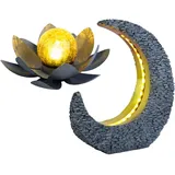 ETC Shop Gartendeko Solarlampen für Außen Lotosblume Tischdeko Gartentisch Garten Solarleuchte für Balkon, Mondsichel mit Stein Optik Grau Gold, LED, 2er Set
