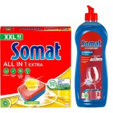 SOMAT Tabs 63 AW all in 1 Extra Zitrone & Limette, Geschirrspül Tabs für strahlende Sauberkeit, bekämpfen selbst eingetrocknete Rückstände + Somat Duo Power Experten Klarspüler 750ml