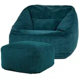 I.C.O.N. Icon Morgan Sitzsack Sessel mit Hocker für Erwachsene, Blaugrün, Flauschiger Cord Stoff, Riesen Sitzsack Cord mit Füllung, Bean Bag Chair, Bequemer Sessel Wohnzimmer, Lounge, Schlafzimmer, Büro