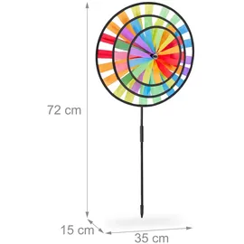 Relaxdays Windrad, 2er Set, Regenbogen-Design, Kinder, Windspielstecker für Balkon & Garten, HBT: 72 x 35 x 15 cm, bunt