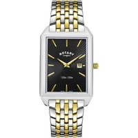 Rotary Herren Quartz Armbanduhr, 28.50mm Gehäusegröße mit schwarz analog Zifferblatt und Two-Tone Gold Metallarmband Armband GB08021/04