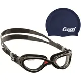 Cressi Flash Premium Schwimmbrille Antibeschlag und 100% UV Schutz + Badekappe Silicone Cap Dunkelblau