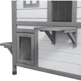 PawHut Katzenhaus aus Holz, Outdoor Katzenhütte mit Treppe, 2-Etagen, Kleintierhaus für Katzen bis 4,5 kg, Weiß, 99,5 x 76 x 91 cm - Weiß