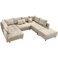 riess-ambiente.de Moderne XXL Wohnlandschaft Kent 305cm Champagner beige Samt inkl. Hocker und Kissen