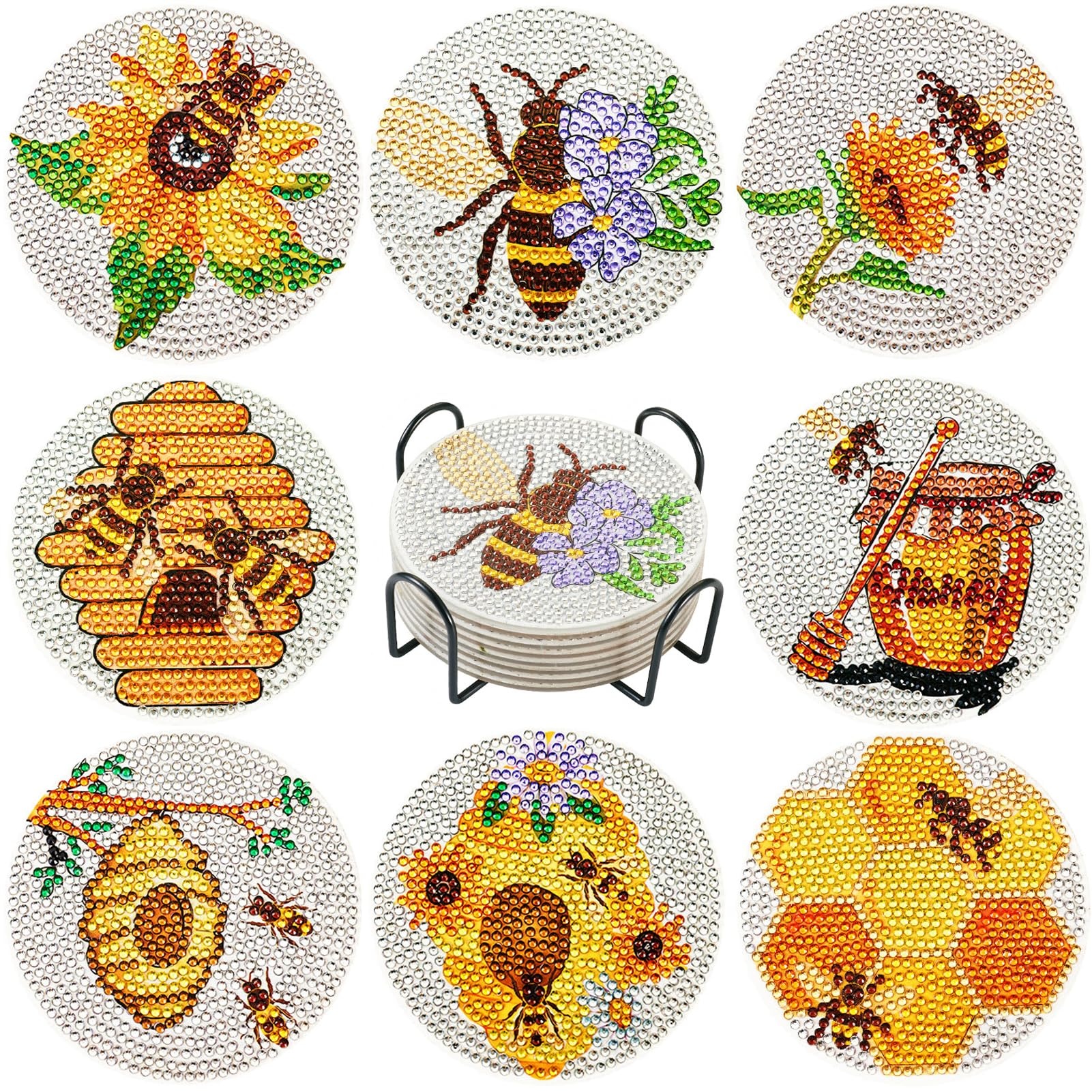 Craftdady 8Pcs Bee Diamond Coaster Honey Comb Diamond Painting with Holder Adult DIY Kit Round Coaster for Crafting Dining Table Bar Coffee Bar Decoration