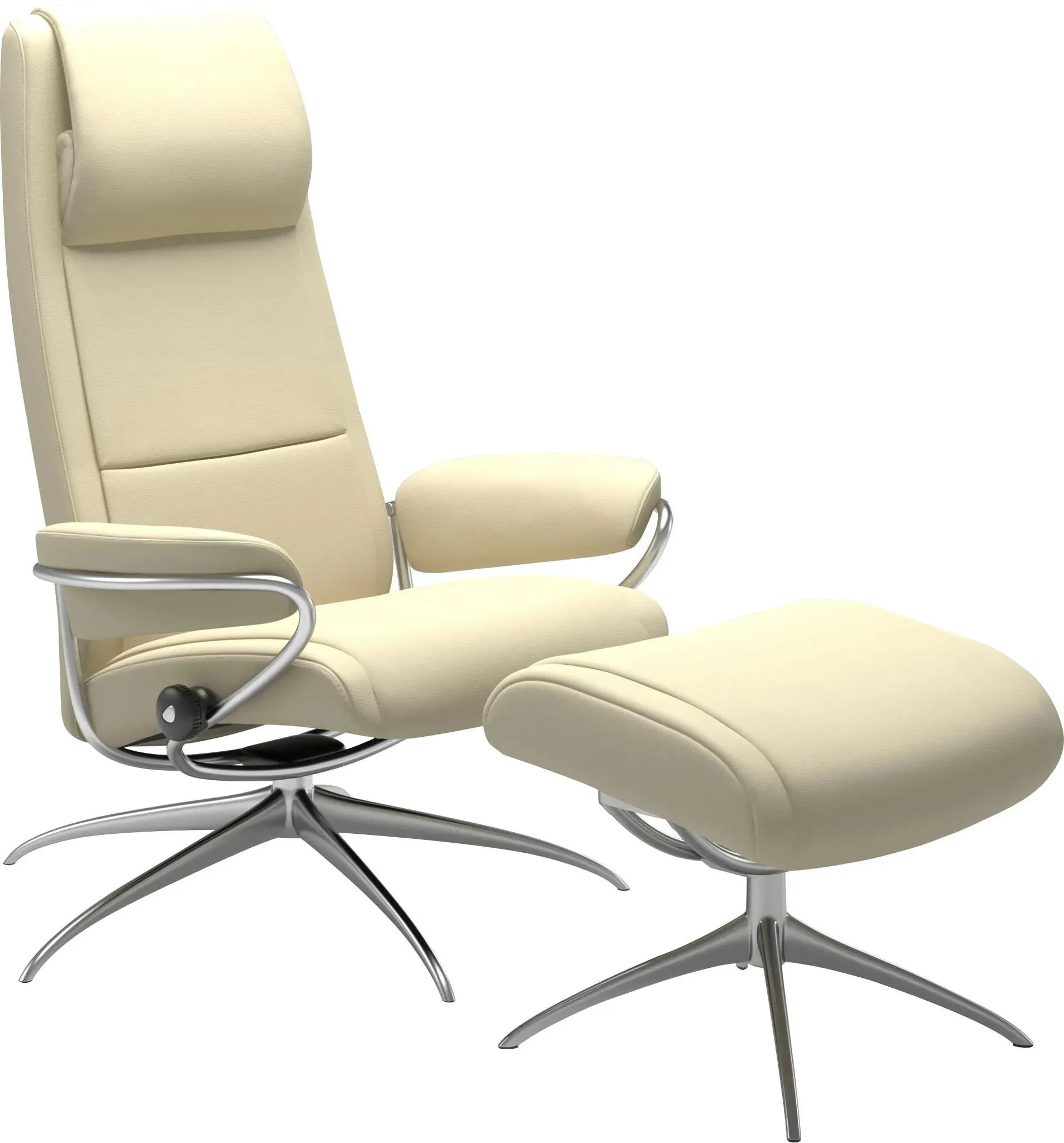 Relaxsessel STRESSLESS "Paris", beige (vanilla paloma), B:80cm H:114cm T:74cm, Leder BATICK: BATICK ist ein leicht korrigiertes, durchgefärbtes und genarbtes Möbelleder, bei dem die meisten Unebenheiten und Spuren in der Regel entfernt wurden.;Leder PALOMA: PALOMA ist ein durchgefärbtes Semianilin-Möbelleder mit natürlicher Narbung. ROHLEDER Stoff Q2 FARON: Ein fester zuverlässiger Bouclé mit einem strukturierten Aussehen und einer komfortablen Oberfläche (100% Polyester im Flor, Grundgewebe: 50% Polyester, 50% Polyacryl);ROHLEDER Stoff Q2 FARON: Ein fester zuverlässiger Bouclé mit einem strukturierten Aussehen und einer komfortablen Oberfläche (100% Polyester im Flor, Grundgewebe: 50% Polyester, 50% Polyacryl);Struktur fein JASMINE (90% Polyester, 10% Baumwolle), Sessel, mit Hocker, High Back, mit Star Base, Gestell Chrom