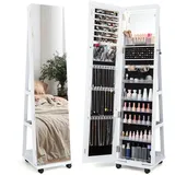 RELAX4LIFE Schmuckschrank mit Ganzkörperspiegel, 3 in 1 Spiegelschrank mit 4 Rädern & 3 farbigen LEDs, 360° Drehbar & Abschließbar, Schmuckorganizer mit 3 Regalen (Weiß)