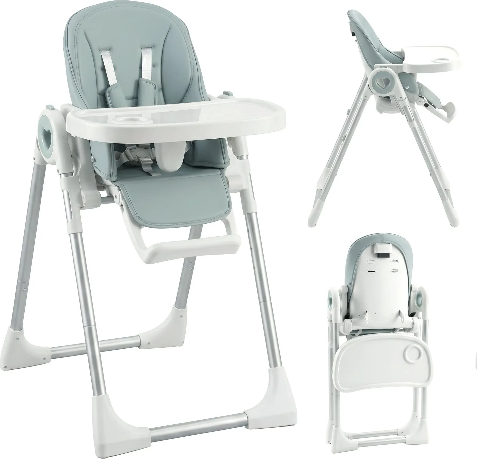 AIYAPLAY Kinderhochstuhl 6-36 Monate/15 kg, klappbar, verstellbar in Höhe und Fußstütze, doppeltes spülmaschinengeeignetes Tablett, Rollen, 5-Punkt-Gurt, Grün   Aosom