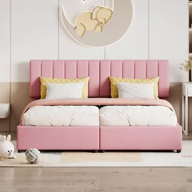 SOFTWEARY Stauraumbett mit Bettkasten und Lattenrost, (Kombinationsbett, 180x200 cm), Kopfteil höhenverstellbar, Polsterbett, Leinen - Rosa