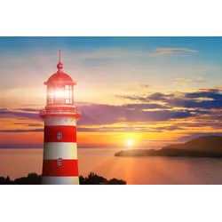 Fototapete PAPERMOON "LEUCHTTURM-SONNENUNTERGANG WIESE MEER OZEAN KÜSTE BERGE", bunt, B:5,00m L:2,80m, Vlies, Tapeten