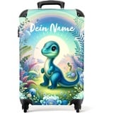 NoBoringSuitcases.com Kinderkoffer, Reisekoffer Personalisiert, Kinderkoffer Jungen, Koffer Kinder, Kinder Reisekoffer, Kabinenkoffer, Trolley, Handgepäck Koffer 55x40x20 cm (Dino, Natur - Blau)