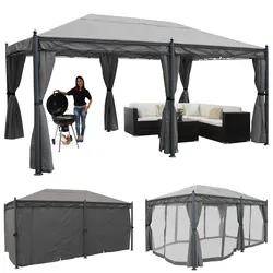 Pergola Calpe, Pavillon, stabiles 7cm-Gestell 5x3m ~ grau mit Seitenwand + Moskitonetz