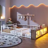 Kinder-Metallbett mit Schutzgeländer und LED-Streifen, ideal als Flachbett mit Eisenstruktur und Schließfächern, ohne Matratze - 140 x 200 cm, W... - Weiß