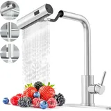 Forrlite Waschtischarmatur Waschtischarmatur Wasserhahn Bad,Waschtischarmatur (Waschbecken-Küchenarmatur,mit Handbrause,Küchenarmatur, Küchenarmatur,3 Strahlarten,360 Grad drehbar,Wasserhahn aus Edelstahl) 304 mit Herausziehbar Brause Mischbatterie Kalt-und Warmwasserhahn silberfarben