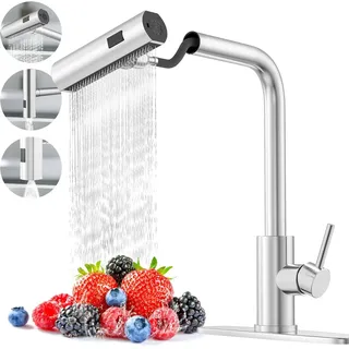 Forrlite Waschtischarmatur Waschtischarmatur Wasserhahn Bad,Waschtischarmatur (Waschbecken-Küchenarmatur,mit Handbrause,Küchenarmatur, Küchenarmatur,3 Strahlarten,360 Grad drehbar,Wasserhahn aus Edelstahl) 304 mit Herausziehbar Brause Mischbatterie Kalt-und Warmwasserhahn silberfarben