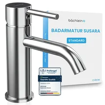Bächlein Badarmatur Susara mit gebogenem Auslauf, Design Einhebelmischer mit langlebiger Keramikkartusche und Montage-Set, Bad Wasserhahn Chrom