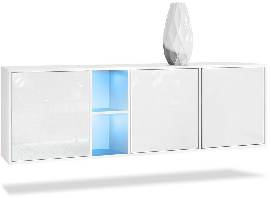Vladon Sideboard Cuba (Kommode, mit 3 Türen und 2 offene Fächer), Weiß matt/Weiß Hochglanz inkl. LED-Beleuchtung (182 x 53 x 35 cm) weiß
