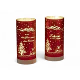Formano 2er Set LED Deko-Licht Zylinder Farbglas Rot mit Spruch 20 cm mit Timer - Rot-Gold Farbglas auf Holzsockel - Wohnzimmer Dekoration Weihnachten Winterdeko