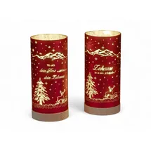 Formano 2er Set LED Deko-Licht Zylinder Farbglas Rot mit Spruch 20 cm mit Timer - Rot-Gold Farbglas auf Holzsockel - Wohnzimmer Dekoration Weihnachten Winterdeko