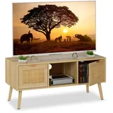 Relaxdays Lowboard, Rattan-Design, Fernsehtisch für bis zu 43 Zoll, Holzoptik, HBT: 45,5x100x40 cm, TV-Bank, Natur