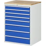 RAU Schubladenschrank Serie 7000, HxBxT 1.035 x 770 x 650 mm, 8 x 90%-Auszug-Schubladen 4 x 90, 1 x 120, 3 x 150 mm, Arbeitsplatte Buche