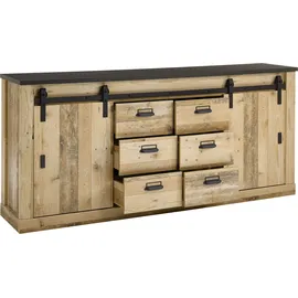 Home Affaire Sideboard HOME AFFAIRE "SHERWOOD", braun (old style hell dekor), B:201cm H:91cm T:43cm, Sideboards, Sideboard, modernes Holz Dekor, mit Scheunentorbeschlag aus Metall, Breite 201 cm