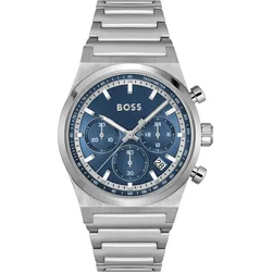 Chronograph BOSS "CANDOR CHRONO", silberfarben, blau, Armbanduhren, Herren, Quarzuhr, Armbanduhr, Herrenuhr, Lederarmband, analog, Tag