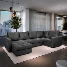 masseno Ecksofa LORIVO mit Schlaffunktion U-Form, Sofa mit Bettkasten, Wohnzimmersofa, Couch, Soffa, Bettsofa, Couchgarnitur- Grau, PAROS 06 - Grau