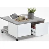 FMD Couchtisch mobil betongrau / hochglanz weiß 70 x 70 x 35 cm