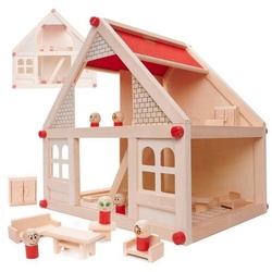 suebidou Puppenhaus kleine Puppenstube aus Naturholz mit Möbeln und Figuren beige