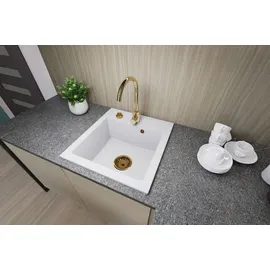 faizee home [Granitspüle 48x50 mit Armatur Gold Weiß] Hochwertig beidseitig Montierbar Küchenspüle Eckig Einbaugranitspüle Granit Spülbecken f. Unterschr... - Weiß