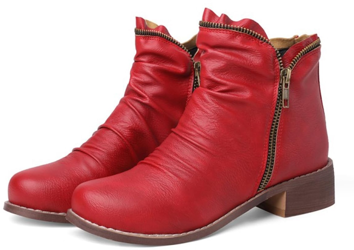 CRETUAO Damen-Stiefeletten mit niedrigem Blockabsatz, bequeme Winter-Stiefeletten mit rundem Zehenbereich und seitlichem Reißverschluss lässige elegante Vintage-Lederschuhe,Rot,45 EU - 45 EU