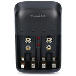 Nedis NiMH-Akku-Ladegerät AA / AAA - 1.2 / 9 V DC - 0.5 A A - Ladeerhaltung - Euro / Typ C (CEE 7/16) - Batterietyp – Energie: AA / AAA / E-Block - Schwarz