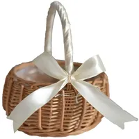 SEEZSSA Weidenkorb Weidenkorb Rattan Blumenkorb,Hochzeit Handkorb,Blumenkinderkörbchen, Rattan Korb mit Griff,Kunststoffeinsatz für Hochzeitszeremonie Party weiß