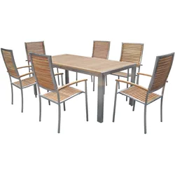 OUTFLEXX Garten-Essgruppe, natur, Edelstahl/Teak, Esstisch 180x90cm, 6 Hochlehner, FSC®-zertifiziertes Produkt