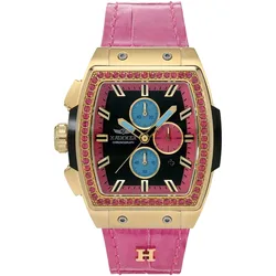 Chronograph HAEMMER GERMANY "TONNEAU", pink, schwarz, Armbanduhren, Damen, Quarzuhr, Armbanduhr, Damenuhr, Lederarmband, verschraubte Krone, Tag